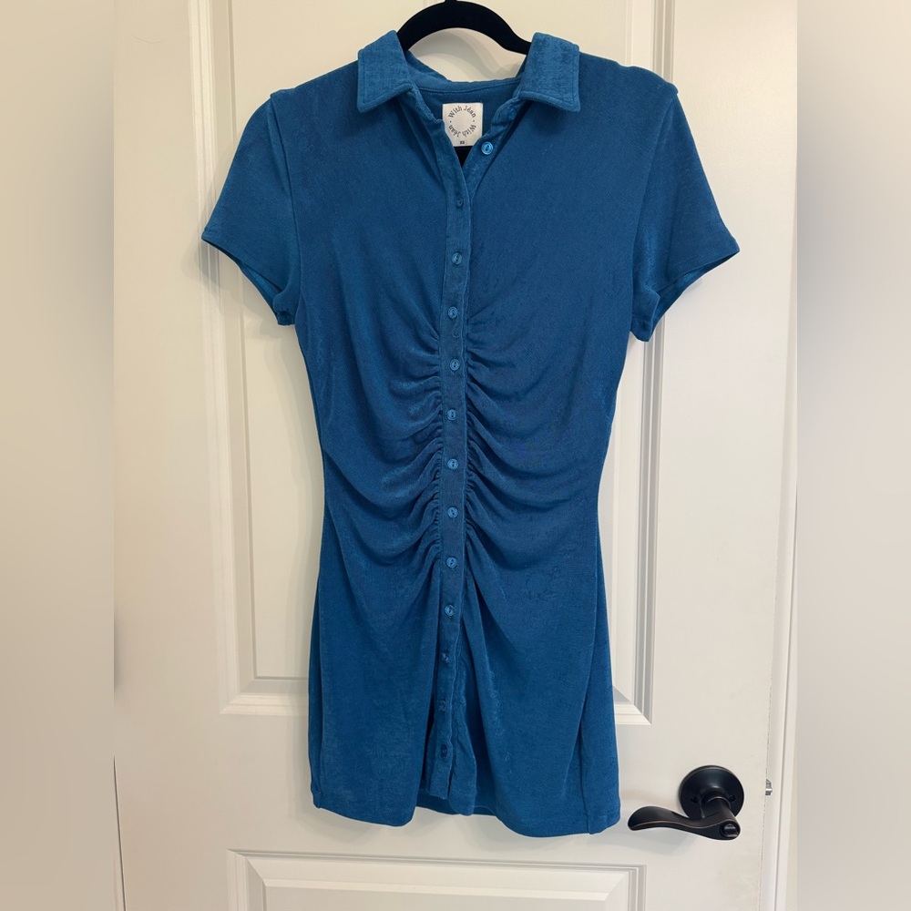Women’s With Jean blue ruched button down mini dress. Size XS